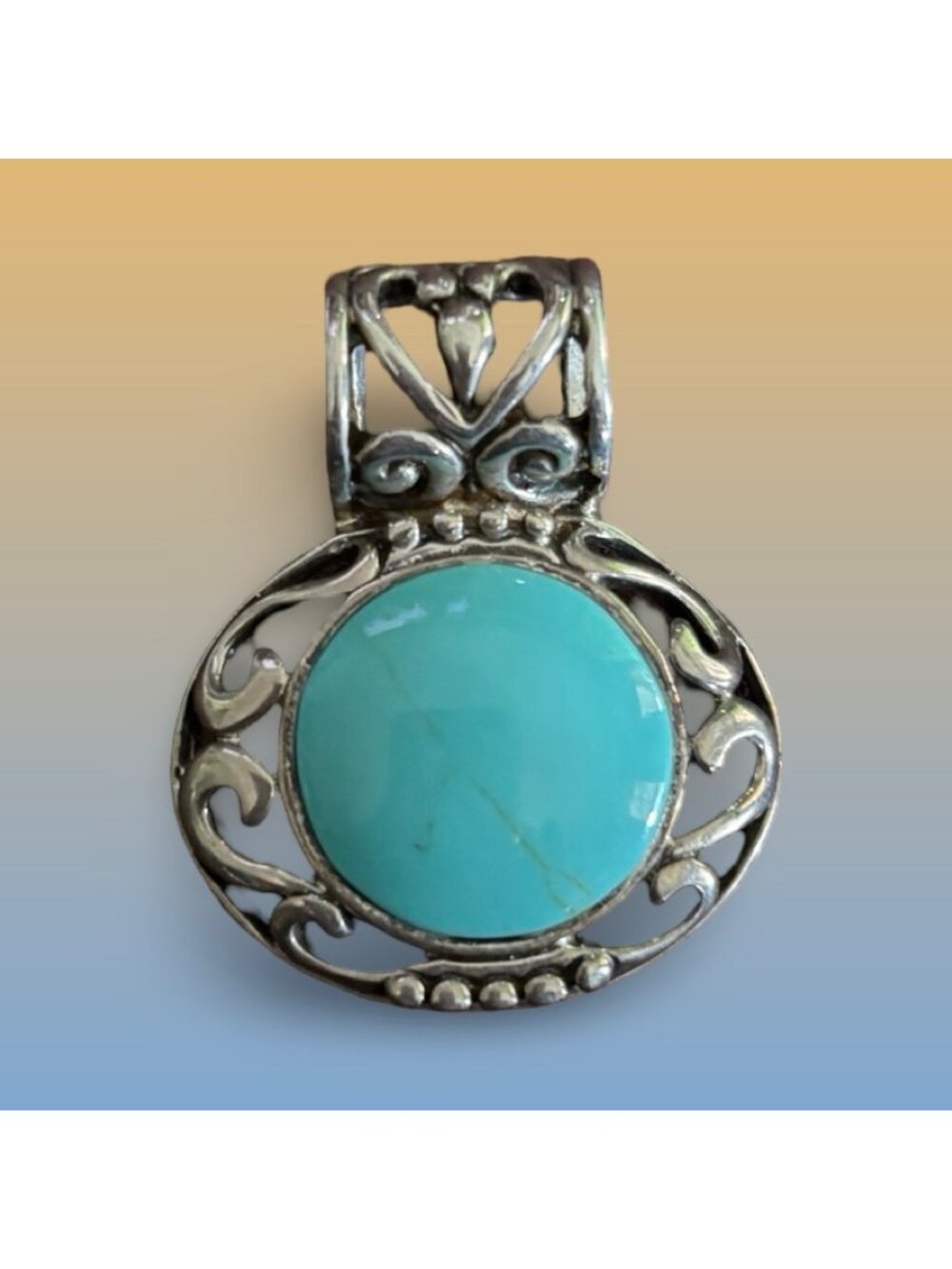 Sterling Silver Pendant With Ornate Filigree & Turquoise Gemstone Vintage Gift